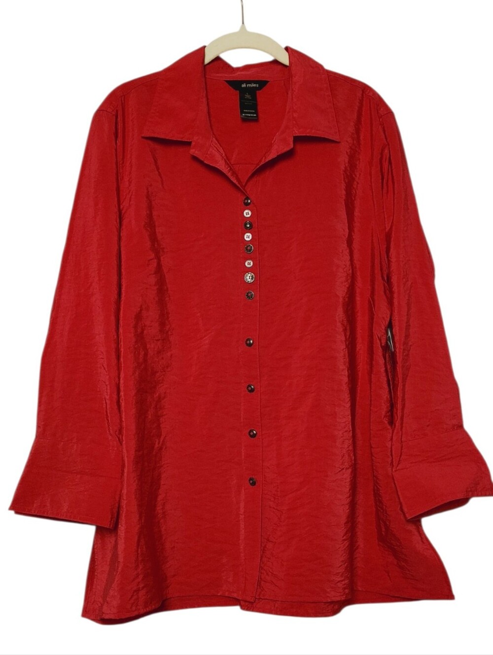 Ali Miles Red Crinkle Textured Button Front Top Tunic Large Artsy Lagenlook